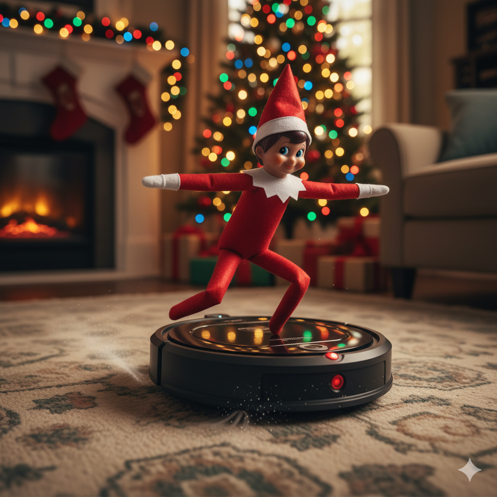Elf on a shelf balancing on a Roomba, with a Christmas tree and fireplace in background.