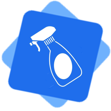 White cleaning spray bottle icon on a blue square, over a slightly offset lighter blue square.