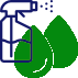 Blue spray bottle spraying mist onto two green leaves.