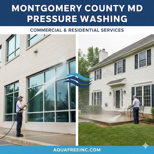 Pressure washing services in Montgomery County, MD. Commercial and residential buildings being cleaned with water spray.