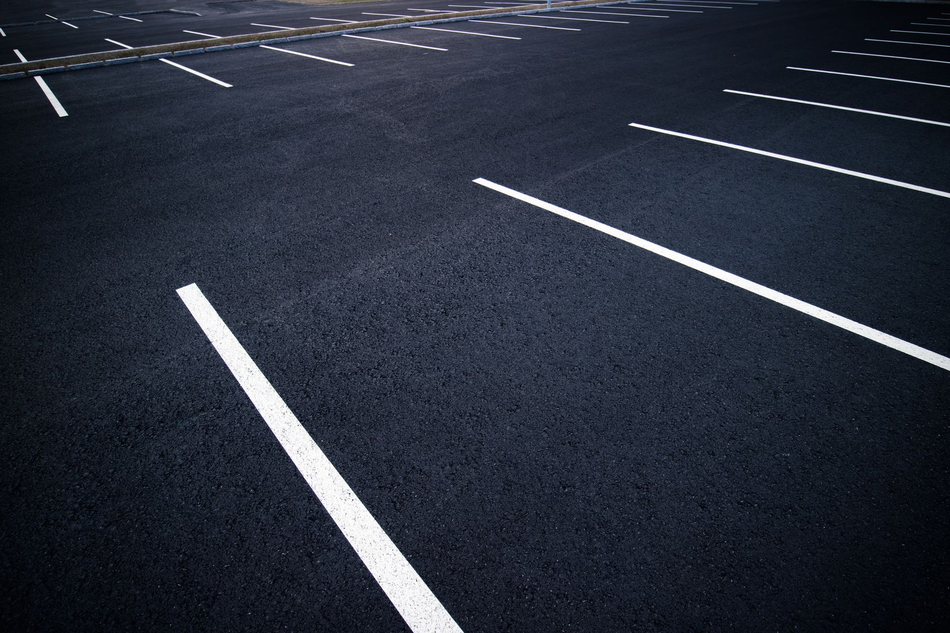 Empty asphalt parking lot with white painted parking space lines.