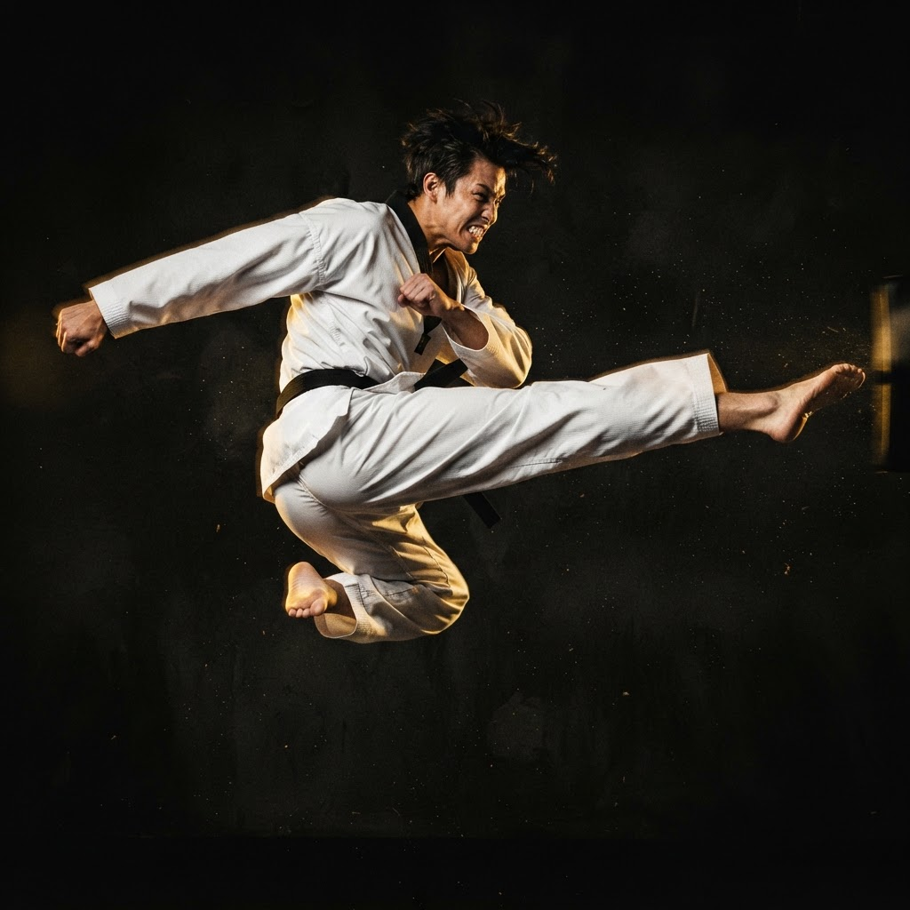 Martial artist in a white uniform mid-air, performing a flying kick against a dark background