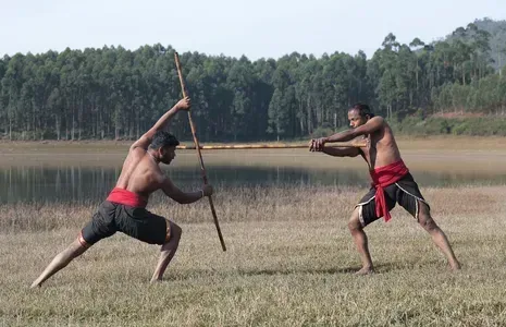 Two shirtless martial artists spar with staffs in a grassy field, with trees in the background.
