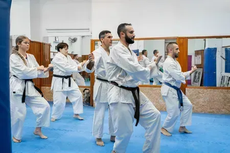 Karate class practicing punches and stances in a mirrored dojo with blue mats and white uniforms