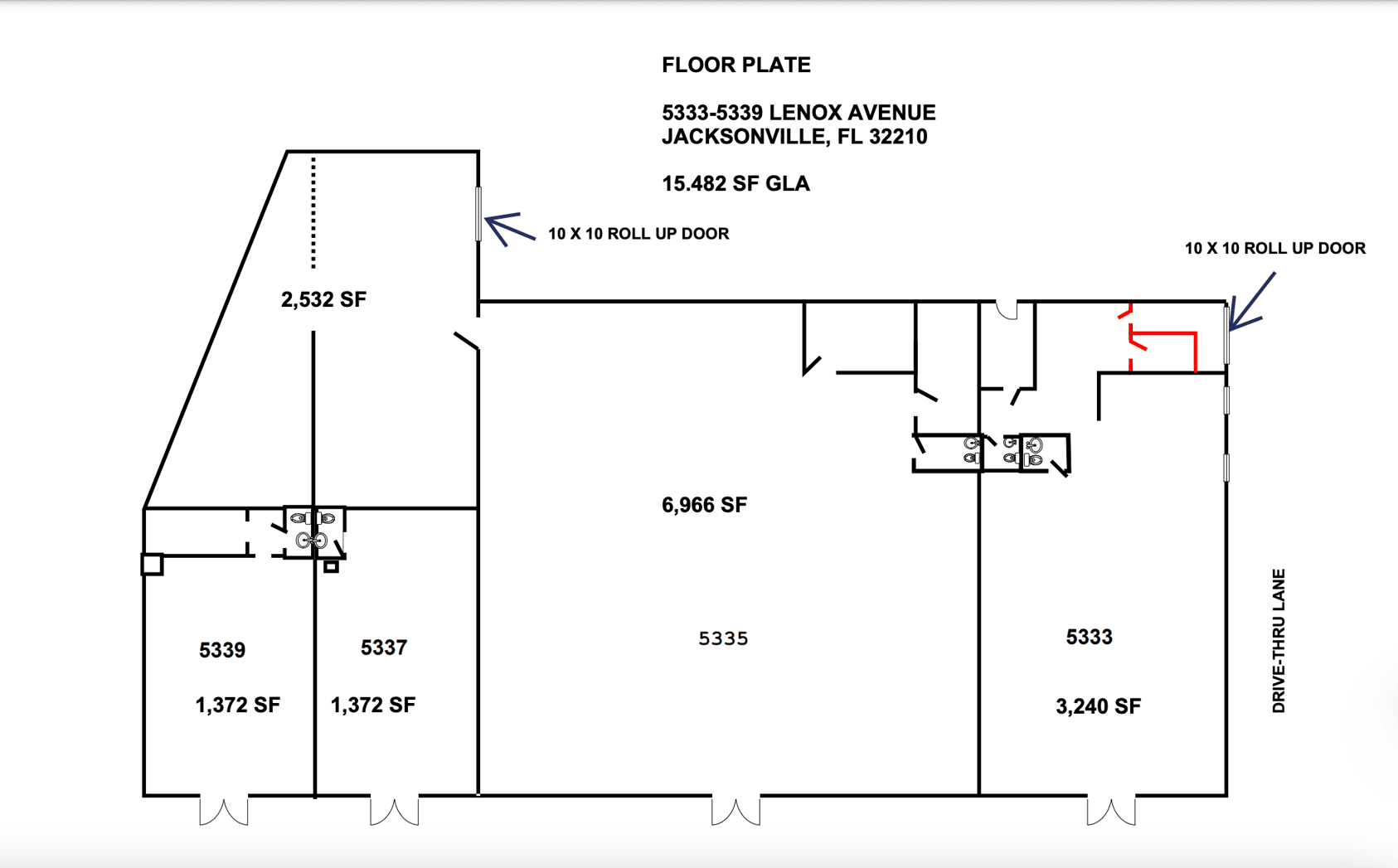 Floor plan of a building with rooms labeled, including office and storage. Includes an exterior view.