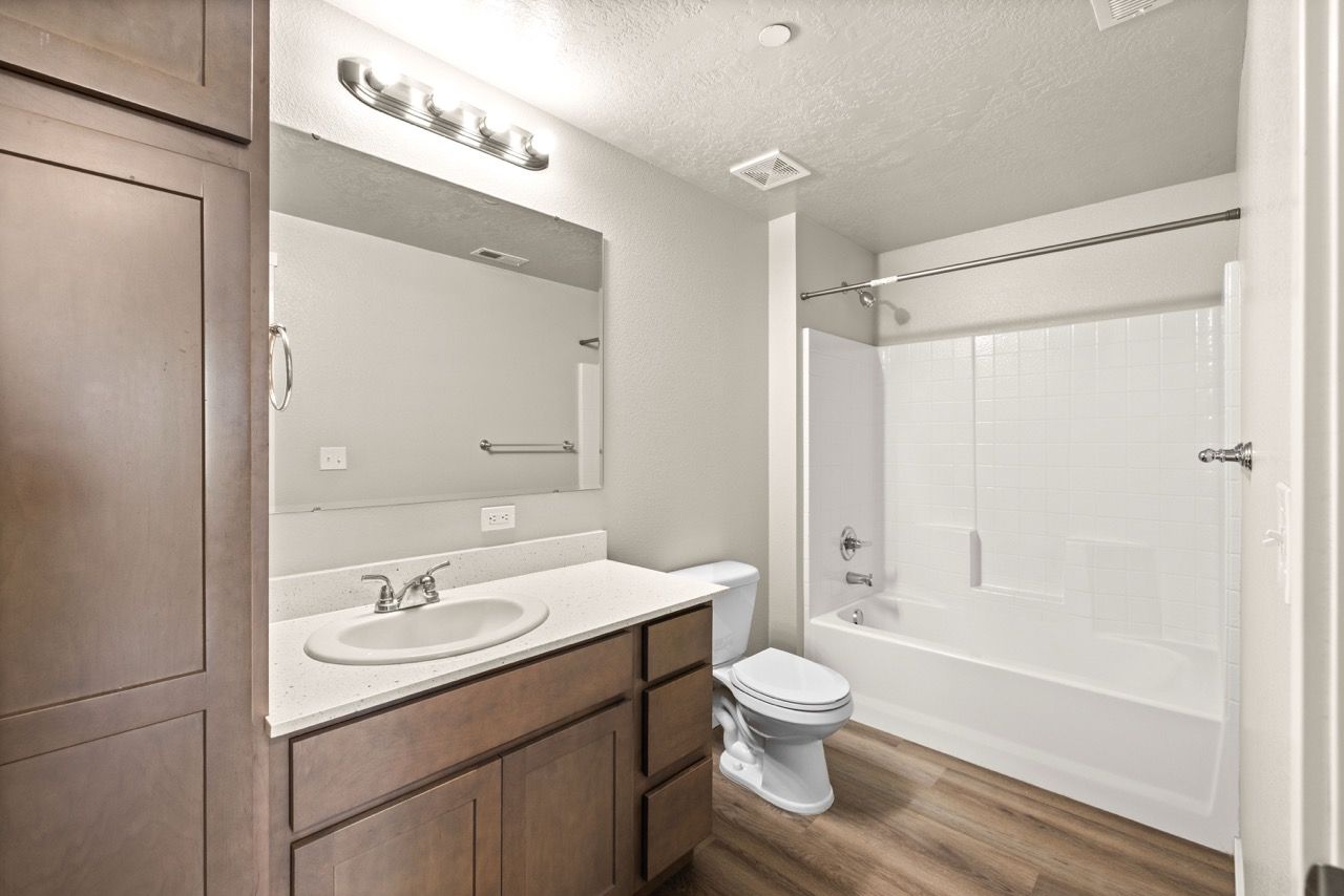 Bathroom with a vanity, sink, mirror, toilet, and a white tub/shower combo.