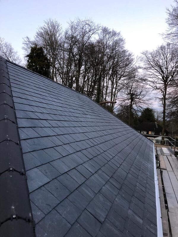 Slate roof under construction beside leafless trees at dusk