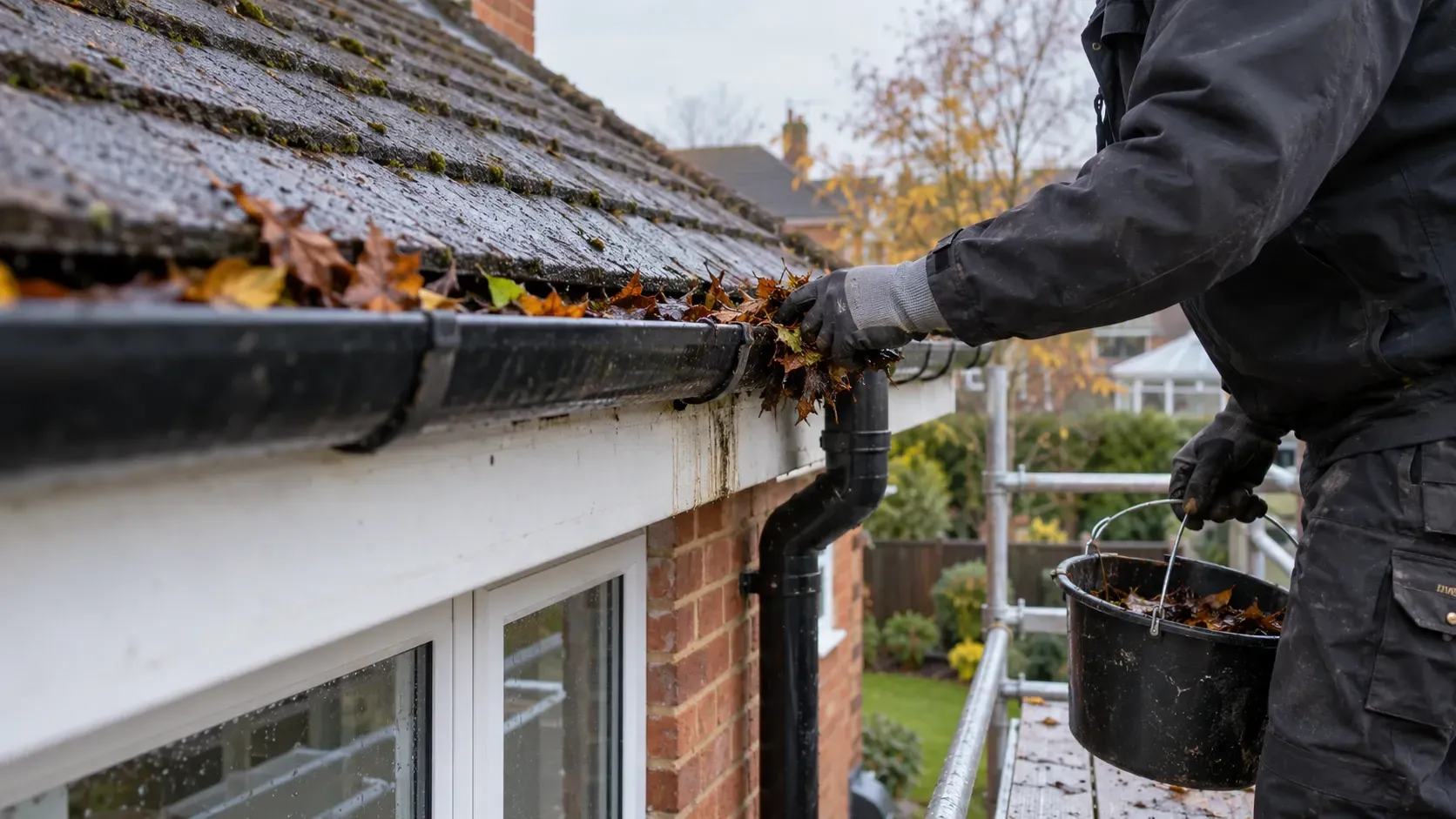 Roofer clearing wet leaves from a black gutter and downpipe while working from a scaffold.