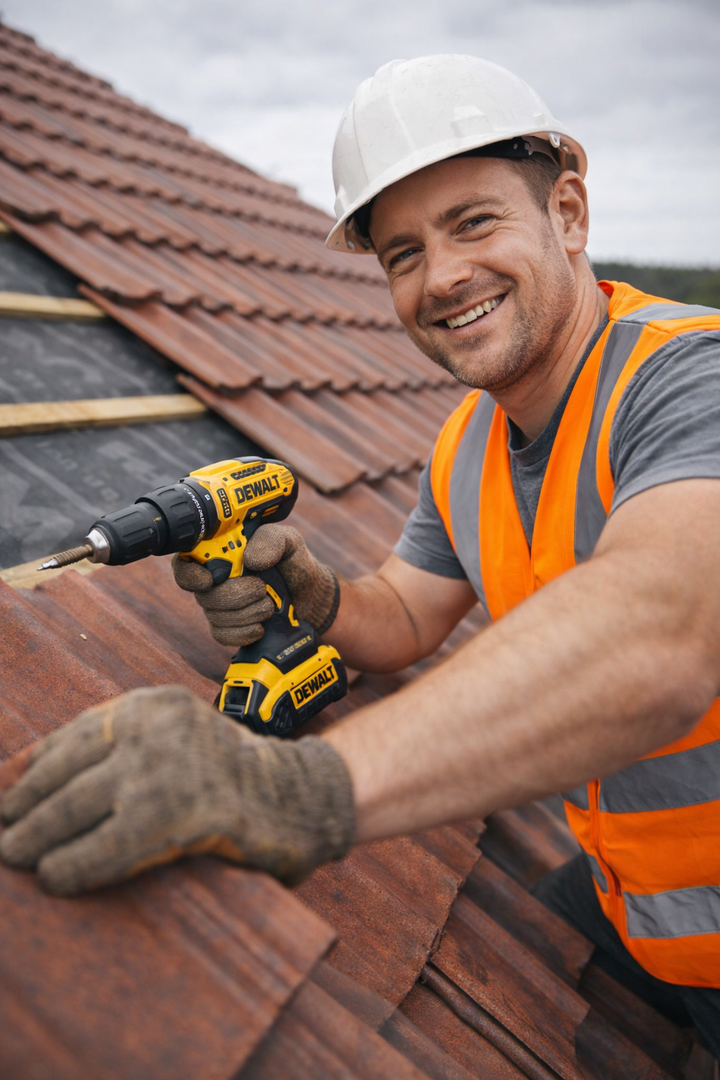 Worker in hard hat and orange vest installing roof tiles with a cordless drill