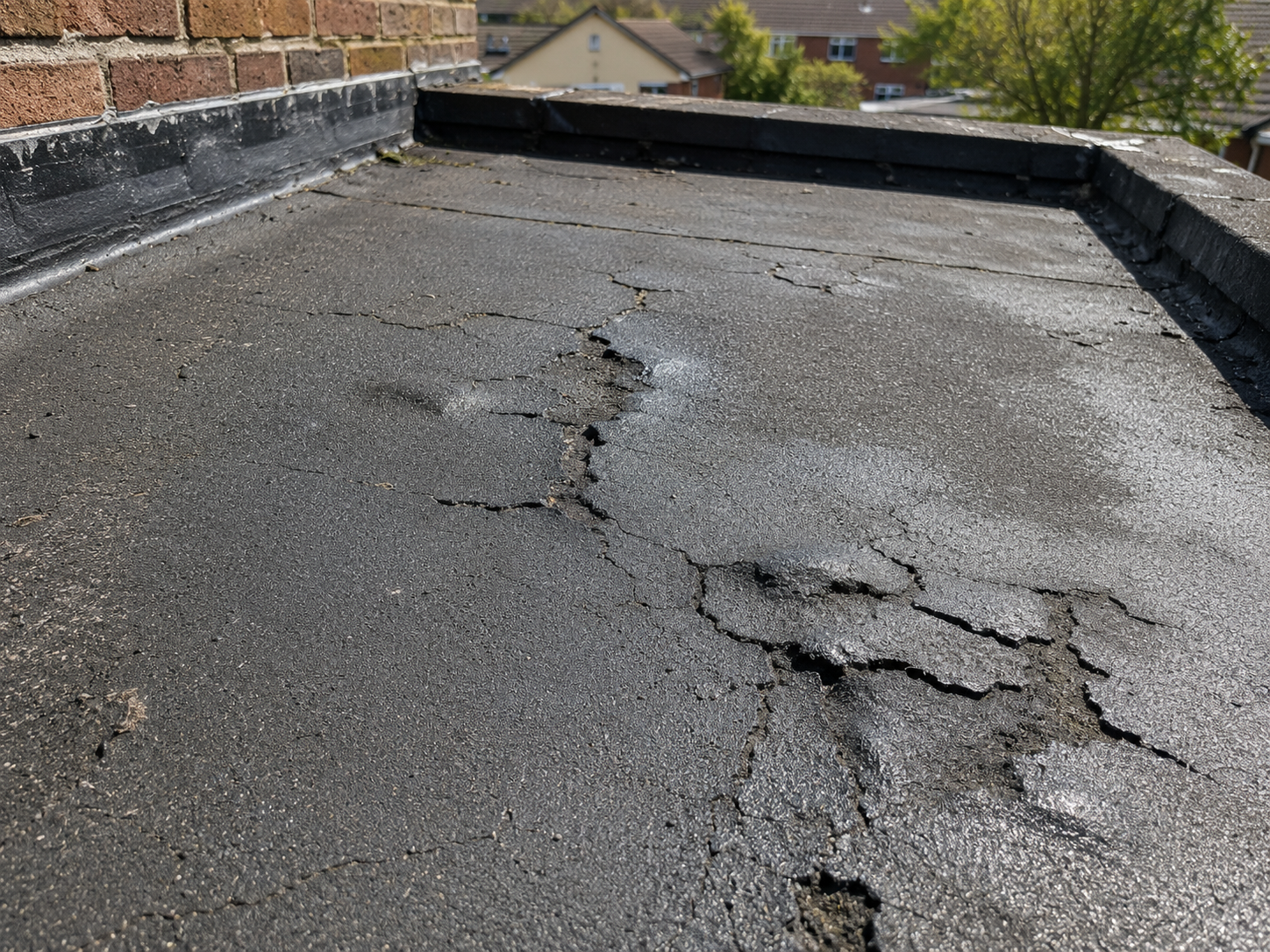 Close-up of a damaged flat roof with visible cracks and blistering in Waterlooville Hampshire