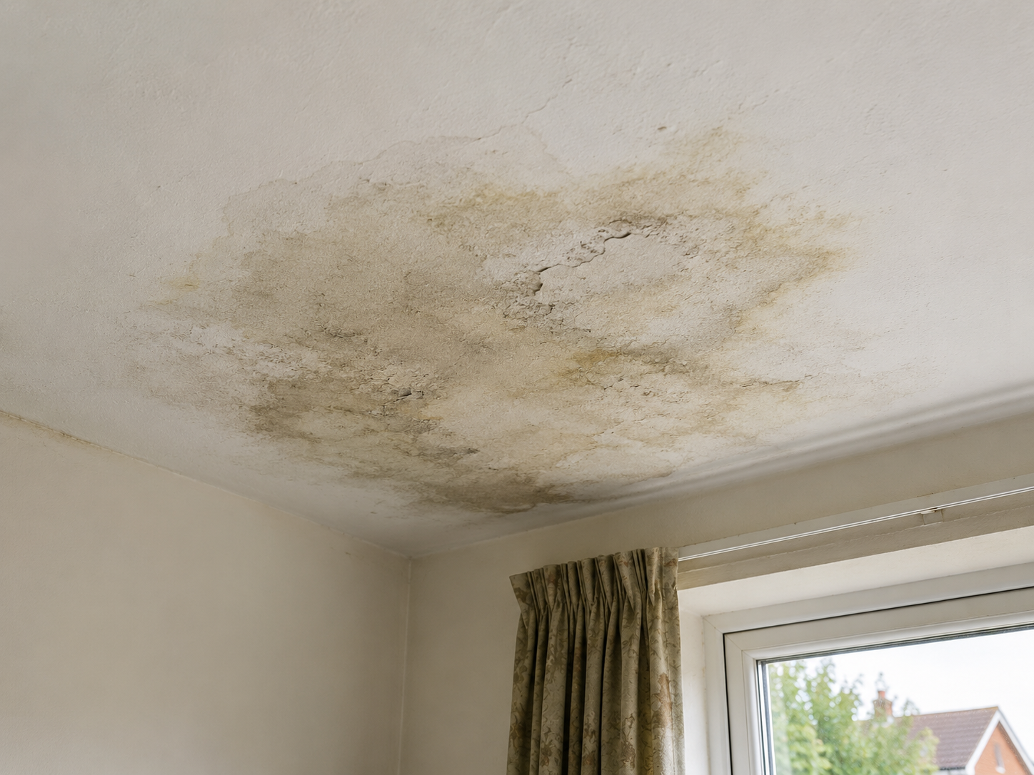 Damp staining on a ceiling caused by a flat roof leak in a home in Waterlooville