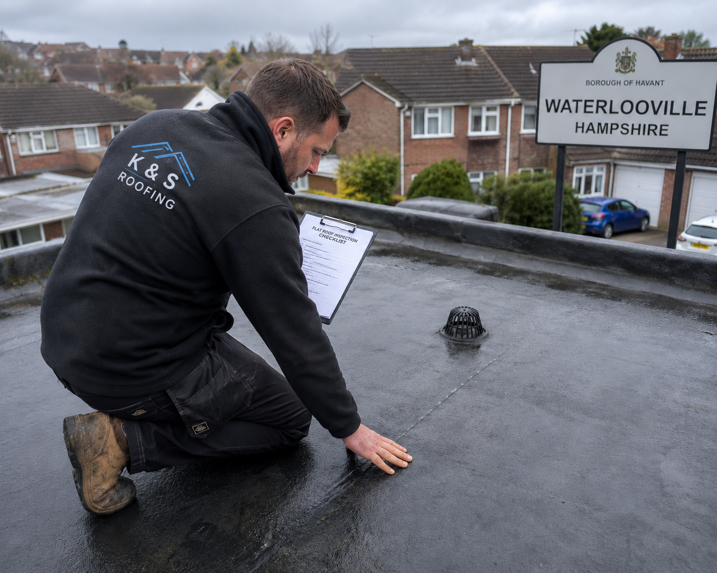 Worker inspecting flat rooftop on a rainy day, with Waterlooville Hampshire sign in the background