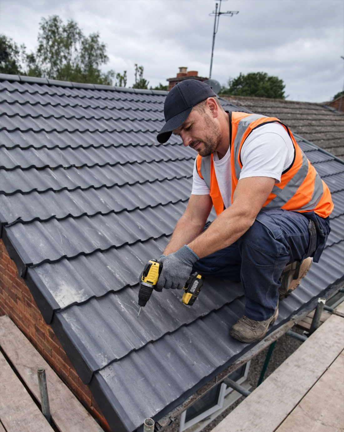 Worker in orange safety vest installing gray roof tiles on a house roof