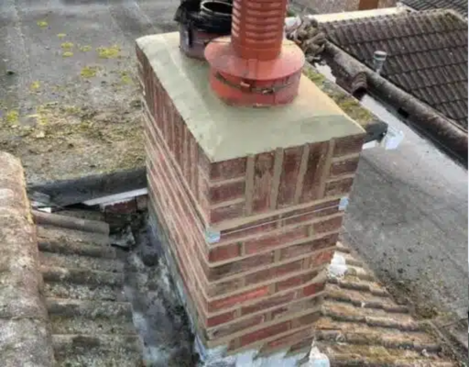 Brick chimney stack with a red metal pipe cap on a rooftop.