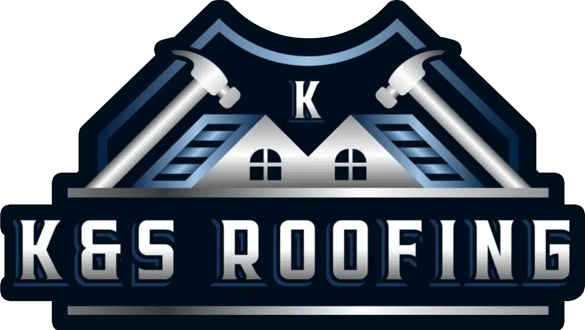 K&S Roofing logo with dark blue roof, house icon, and metallic white text