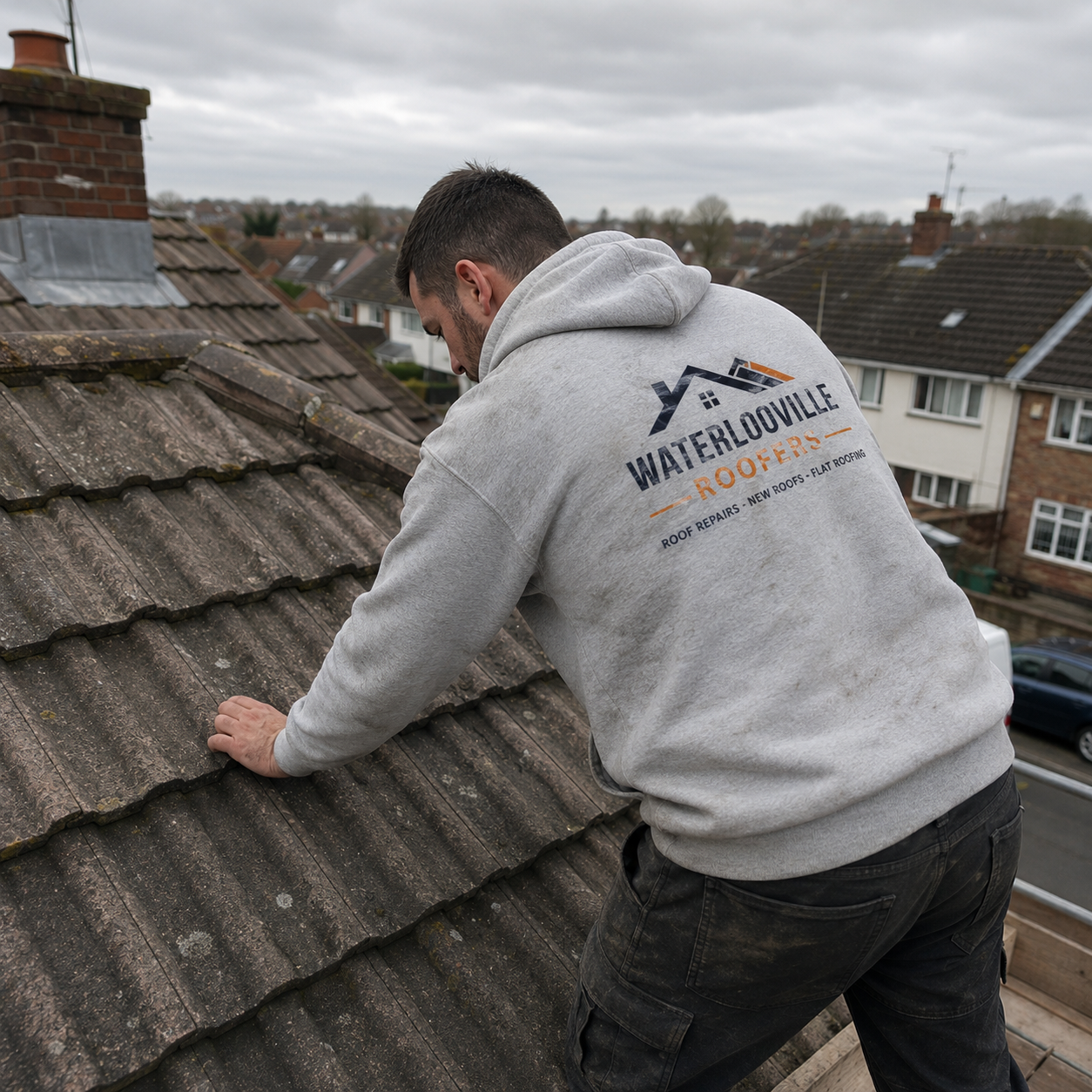 Worker in orange safety vest installing gray roof tiles on a house roof