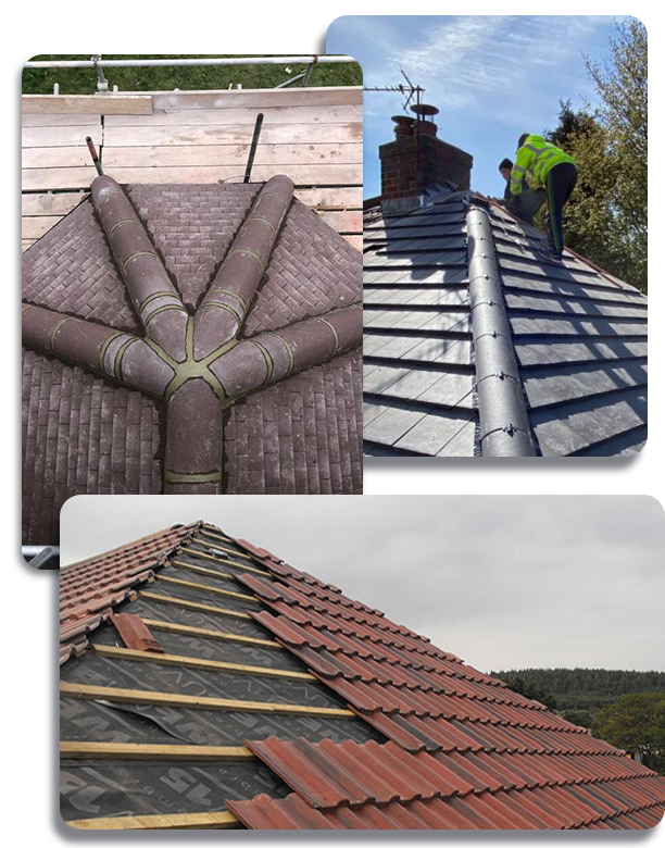 Roofing repair scenes showing tiled and metal roofs under construction.