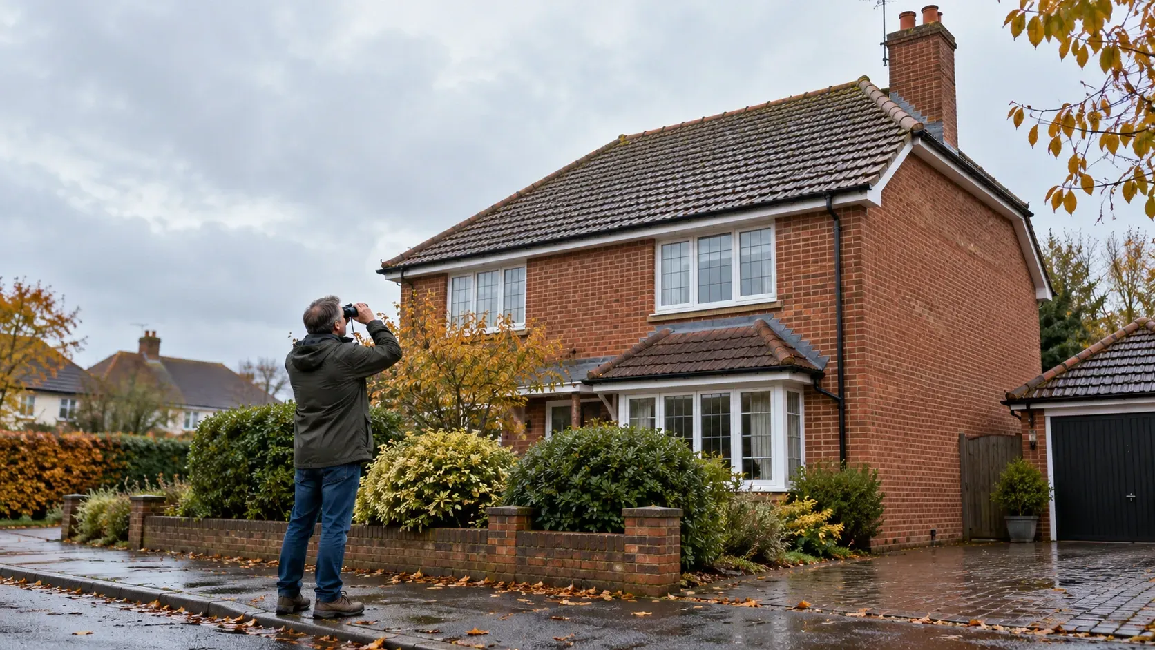 Homeowner checking a tiled roof with binoculars from the pavement on a damp autumn day.