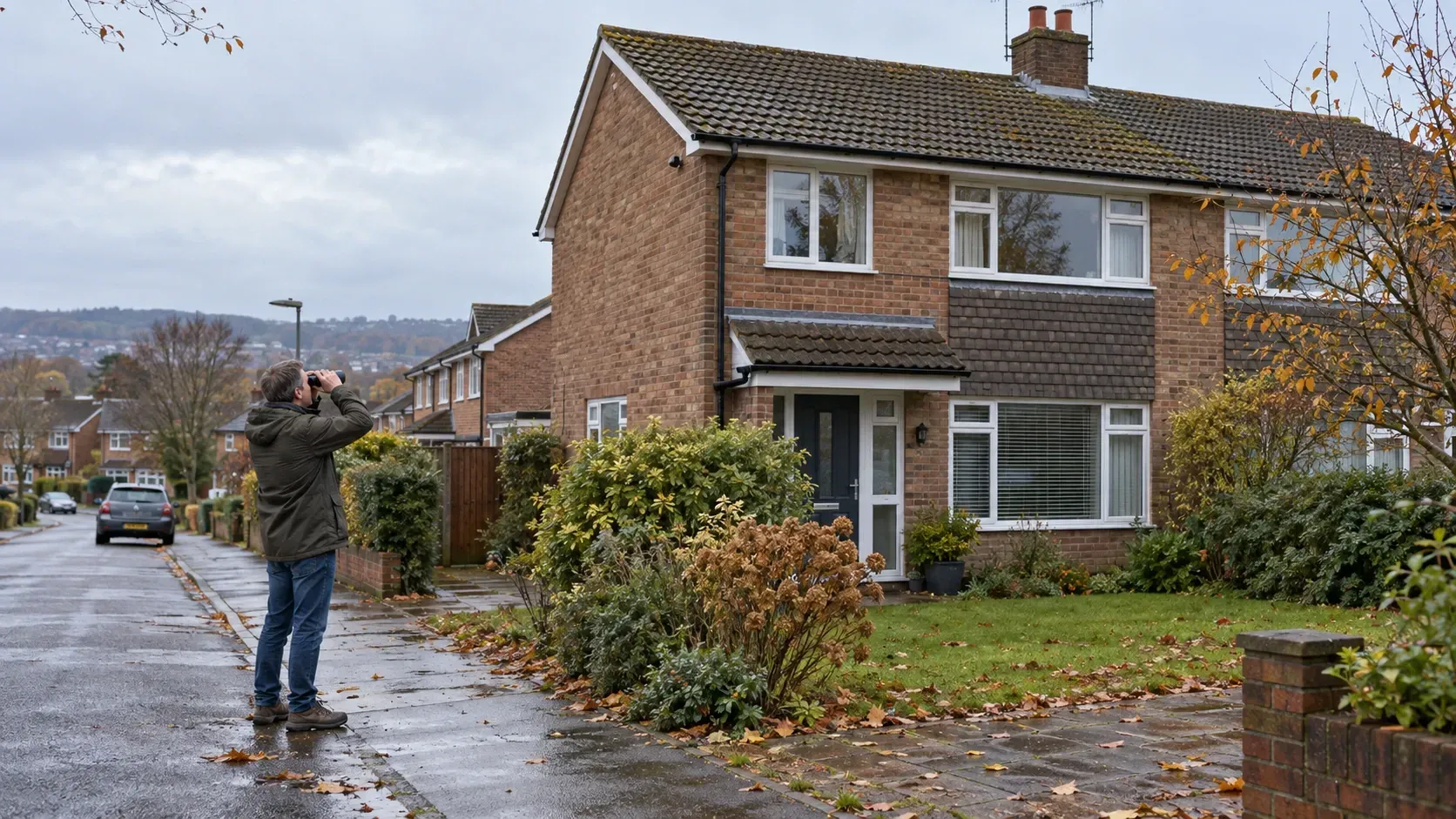 Homeowner checking a tiled roof from the pavement with binoculars on a damp autumn day.