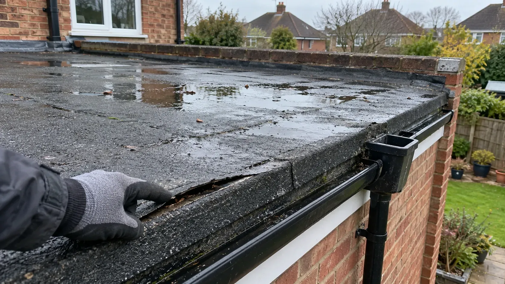 Gloved hand lifting a split lap on a weathered felt flat roof with shallow standing water near the gutter.