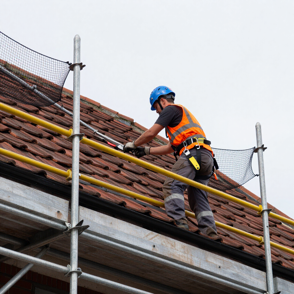 Roof worker in orange safety vest and blue helmet repairing tiles on a scaffolded roof