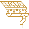 Golden line icon of roof gutter with rain dripping into a downspout