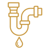 Gold outline of a sink drain trap with a dripping water drop icon