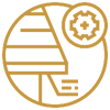 Gold line icon of a tree and gear inside a circle on a white background