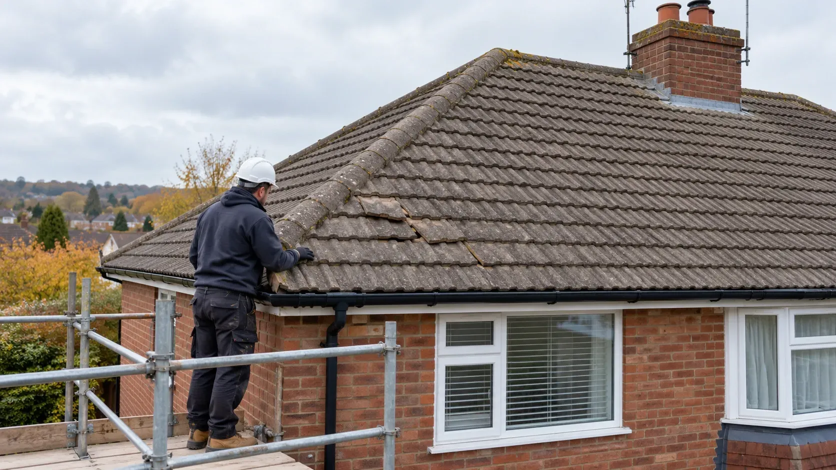 Roofer on scaffold inspecting slipped concrete roof tiles on a brick semi-detached home.