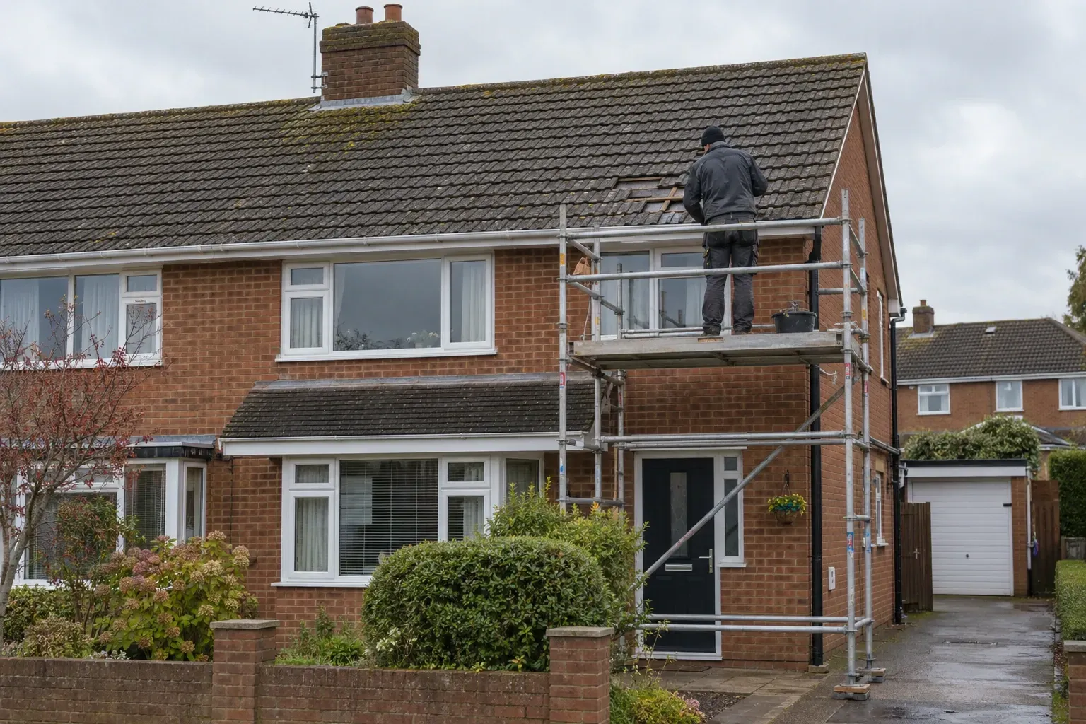 Roofer on a scaffold inspecting a small area of slipped concrete roof tiles on a brick semi-detached house.