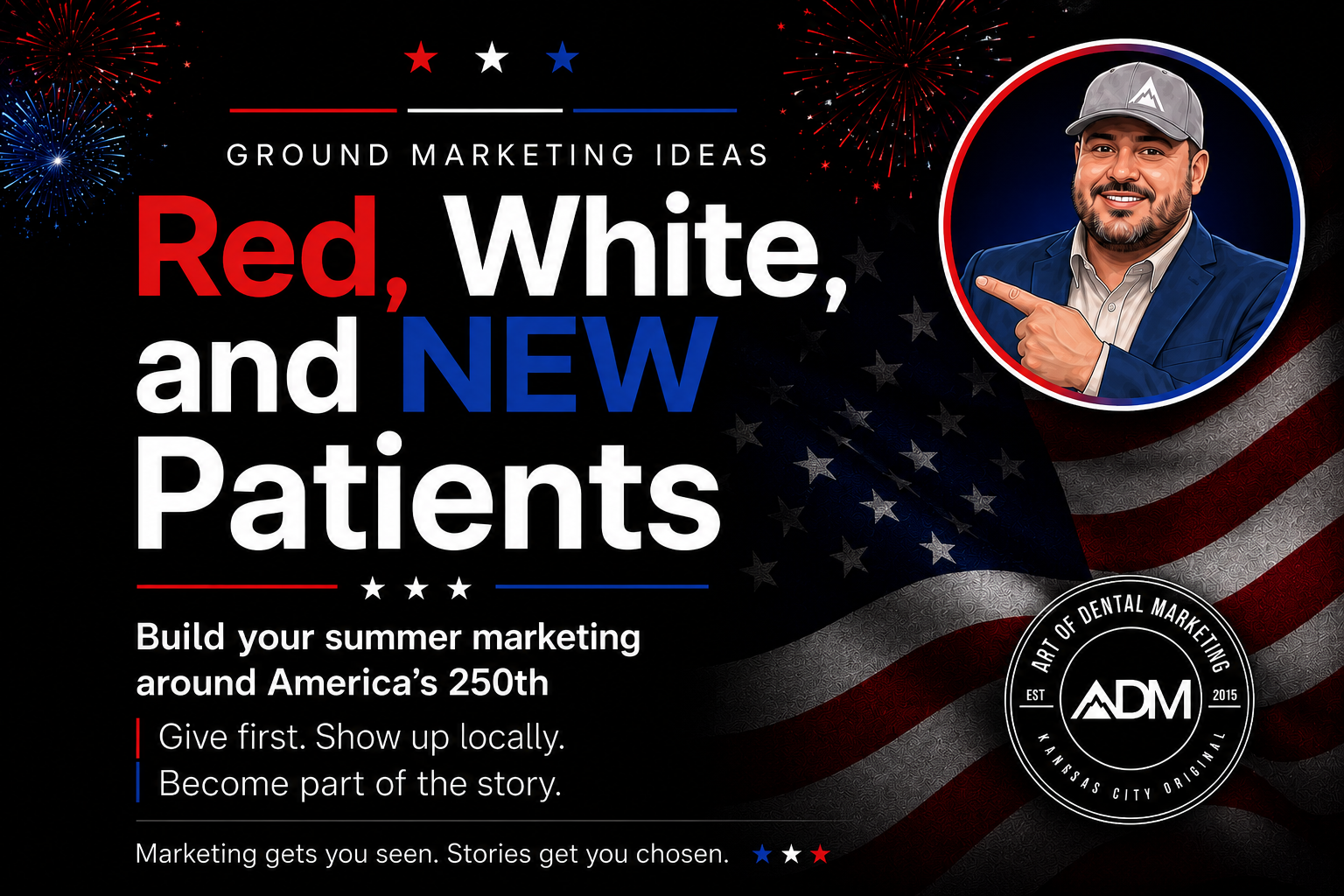 Red, White, and New Patients marketing graphic with American flag backdrop and Sean Hamels portrait