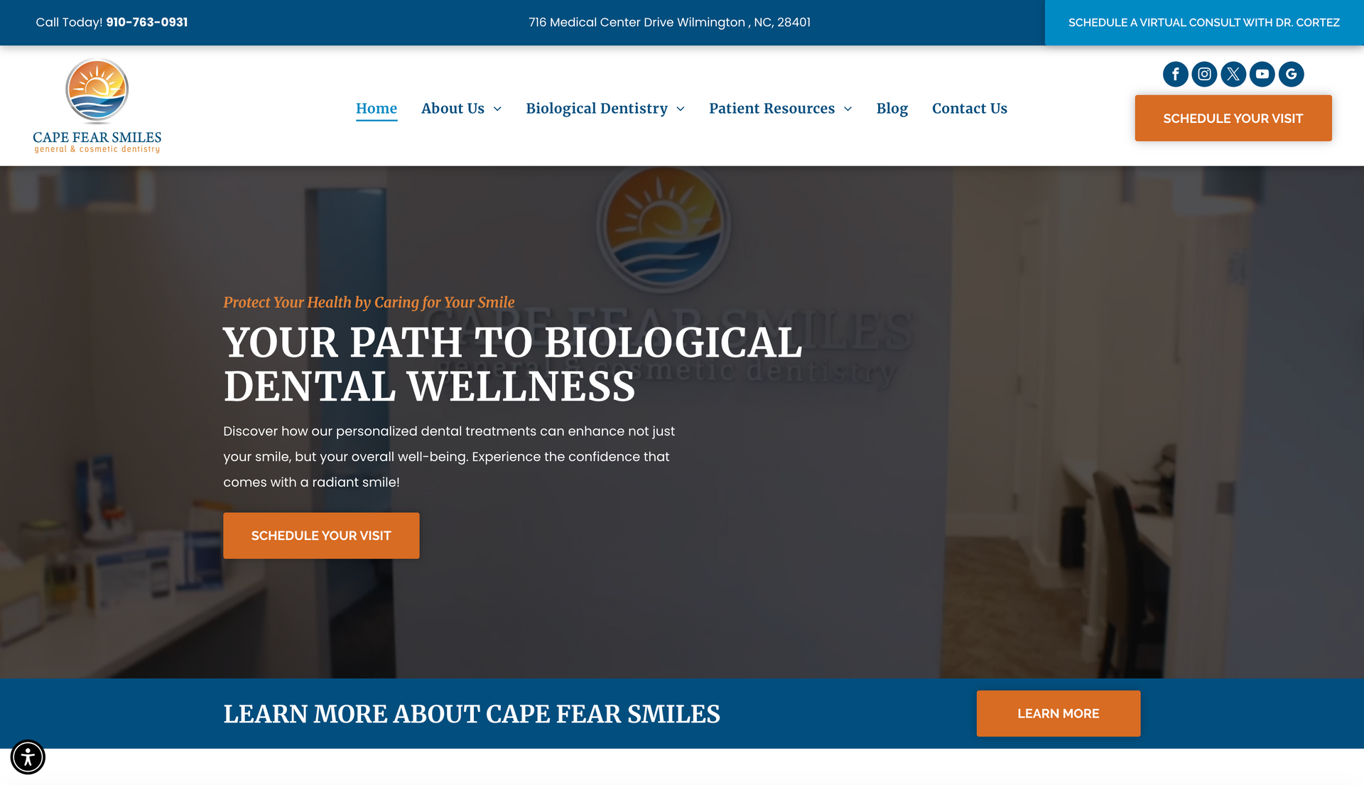 A black and white photo of a woman on a website that says patient forward care for all