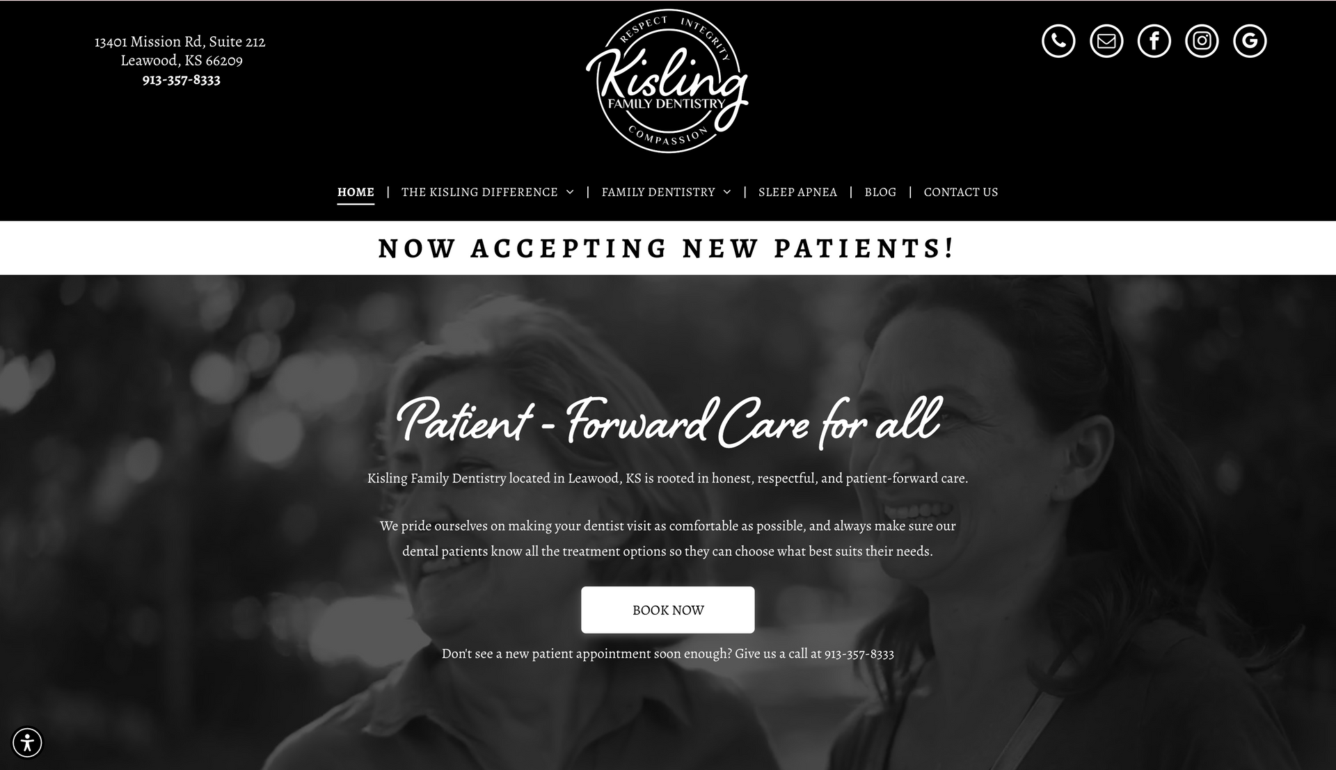 A black and white photo of a woman on a website that says patient forward care for all