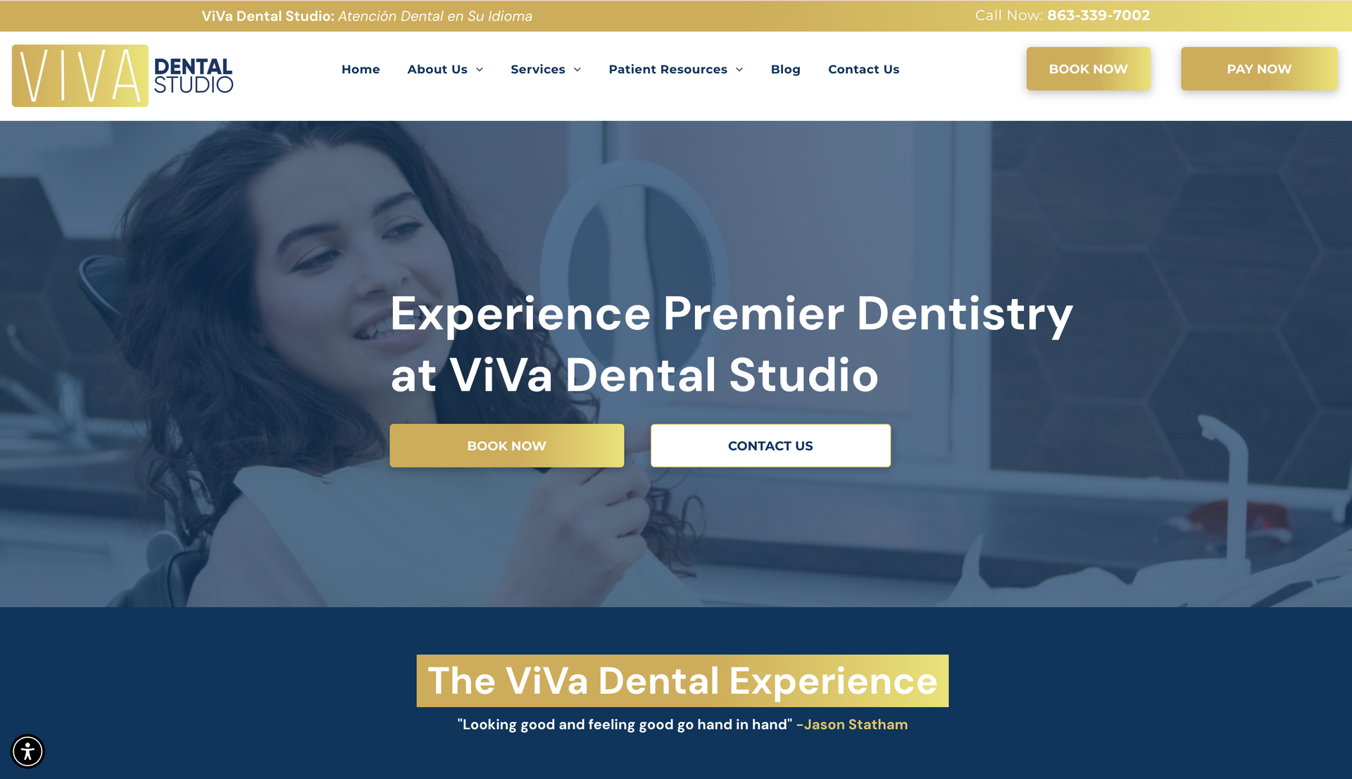 The website for viva dental studio shows a woman smiling and holding a toothbrush.