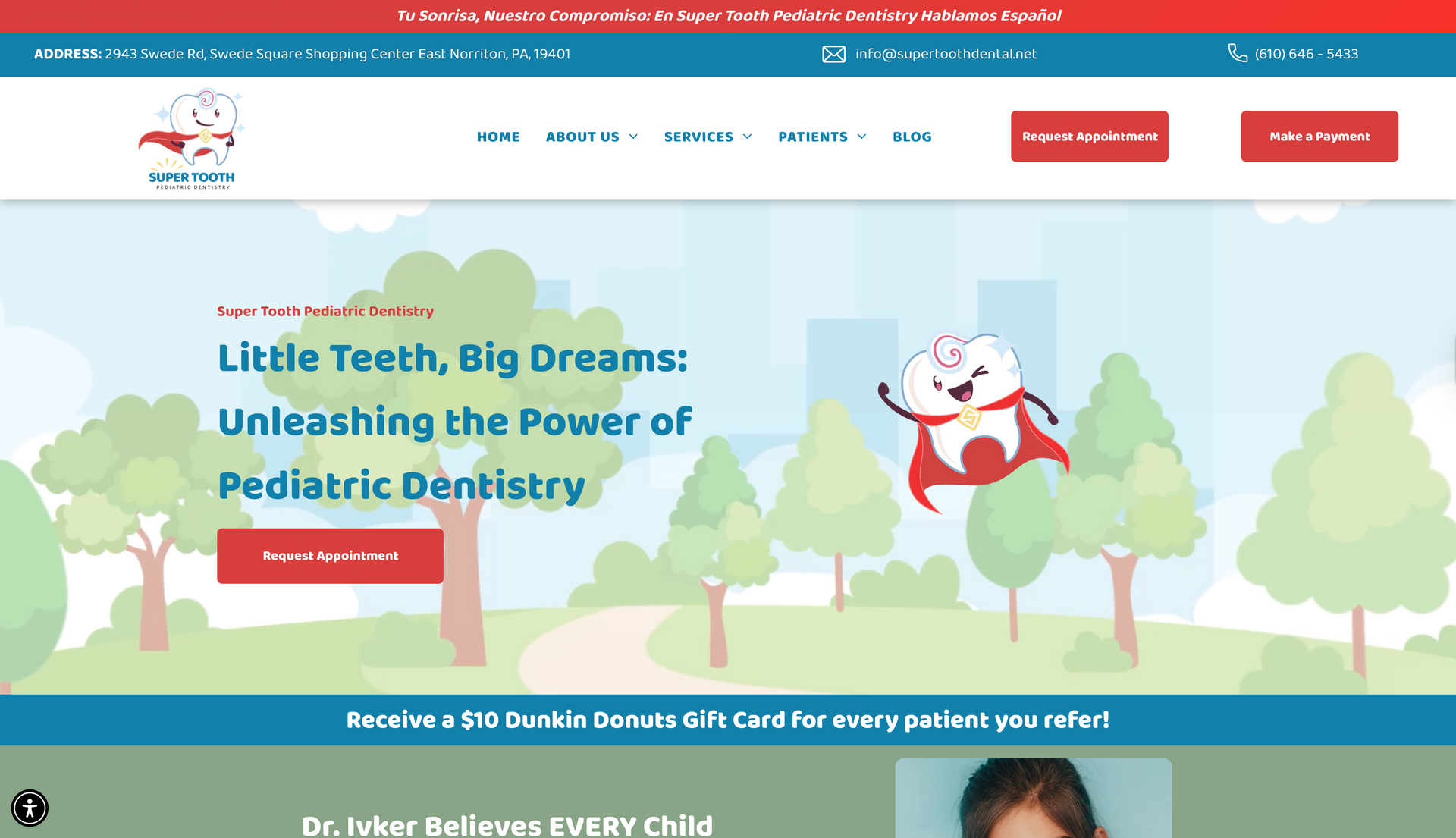 A website for a pediatric dentistry with a cartoon of a tooth flying through the air.