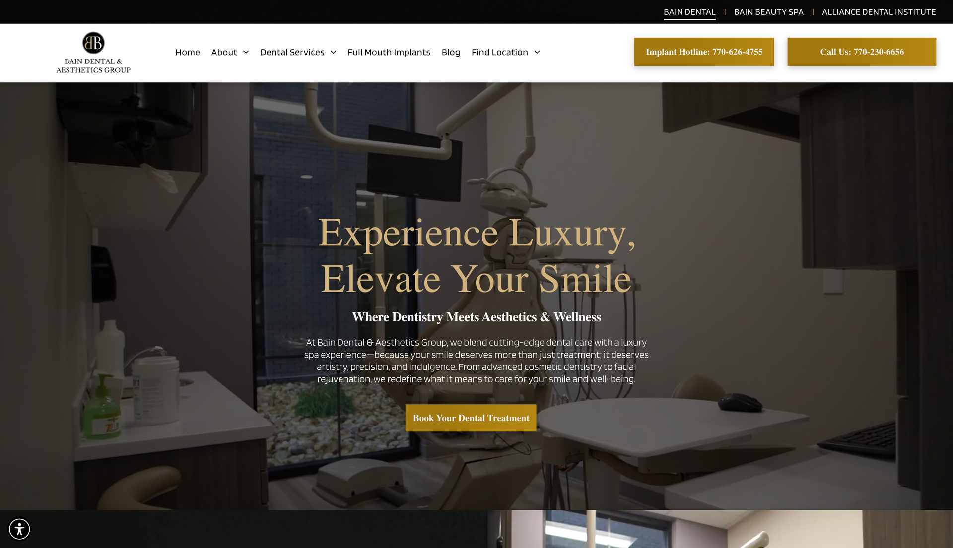 A website for a dental office shows a waiting room with a couch and chairs.
