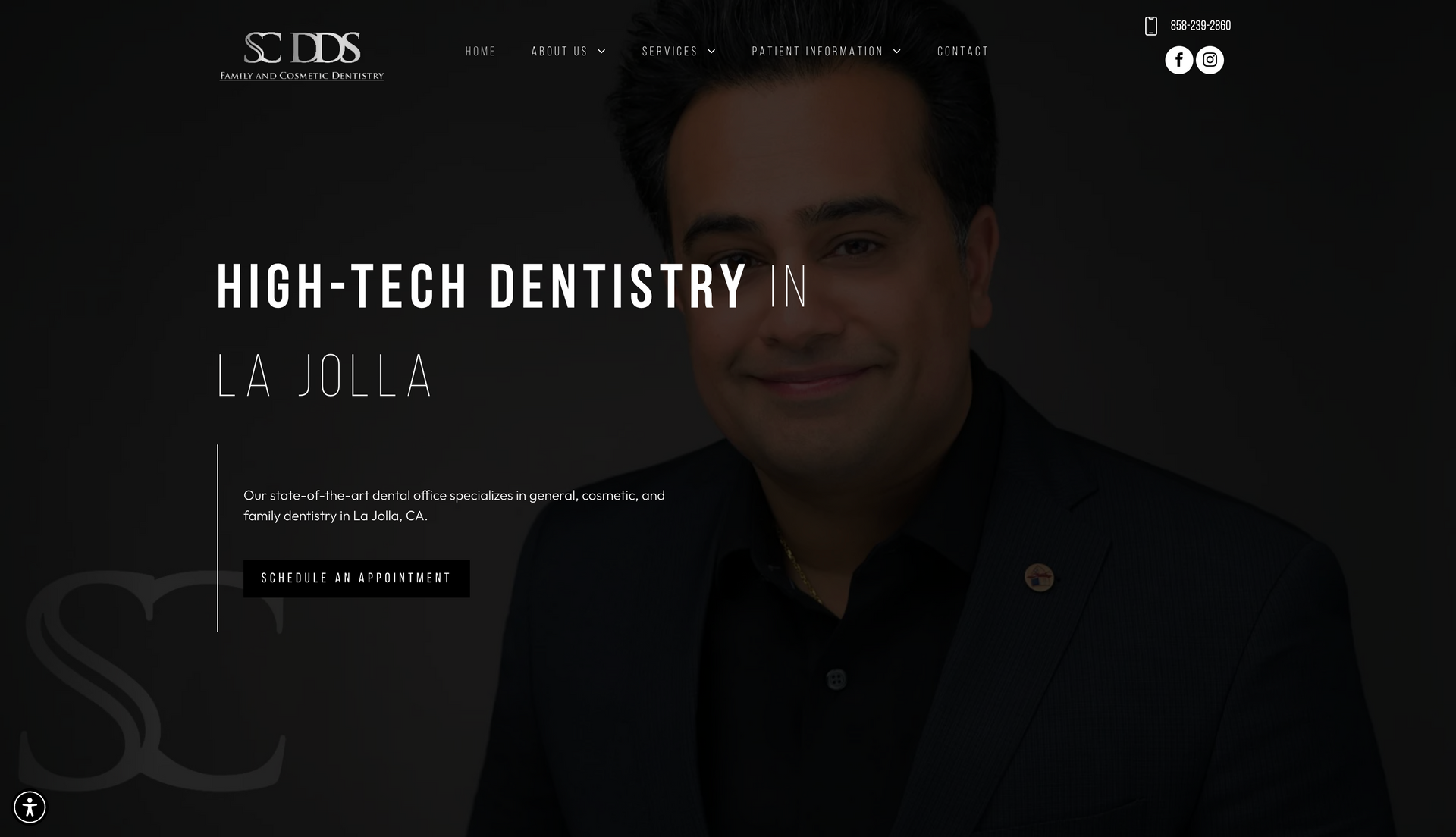 A man is smiling in a dark room with the words high tech dentistry in the background