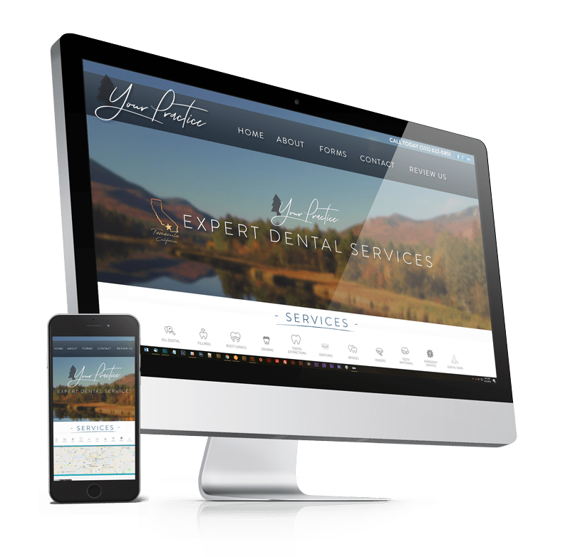 A computer and a cell phone are displaying a website for a dental service.