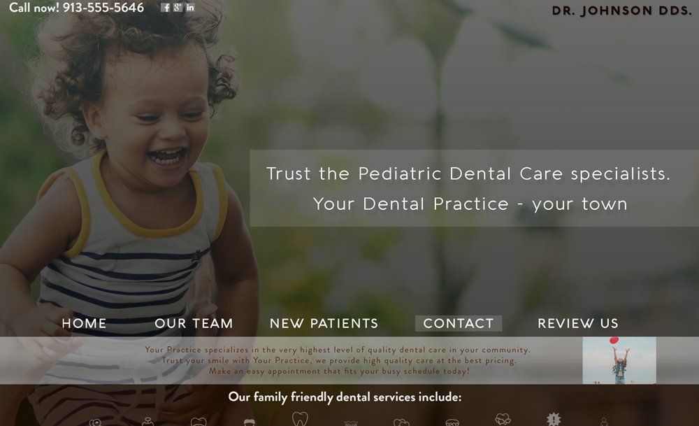 A screenshot of a website for a pediatric dental care specialist.