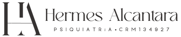 Logotipo Psiquiatria da Hermès em Alcantara com monograma HA estilizado em texto cinza e preto sobre fundo branco.