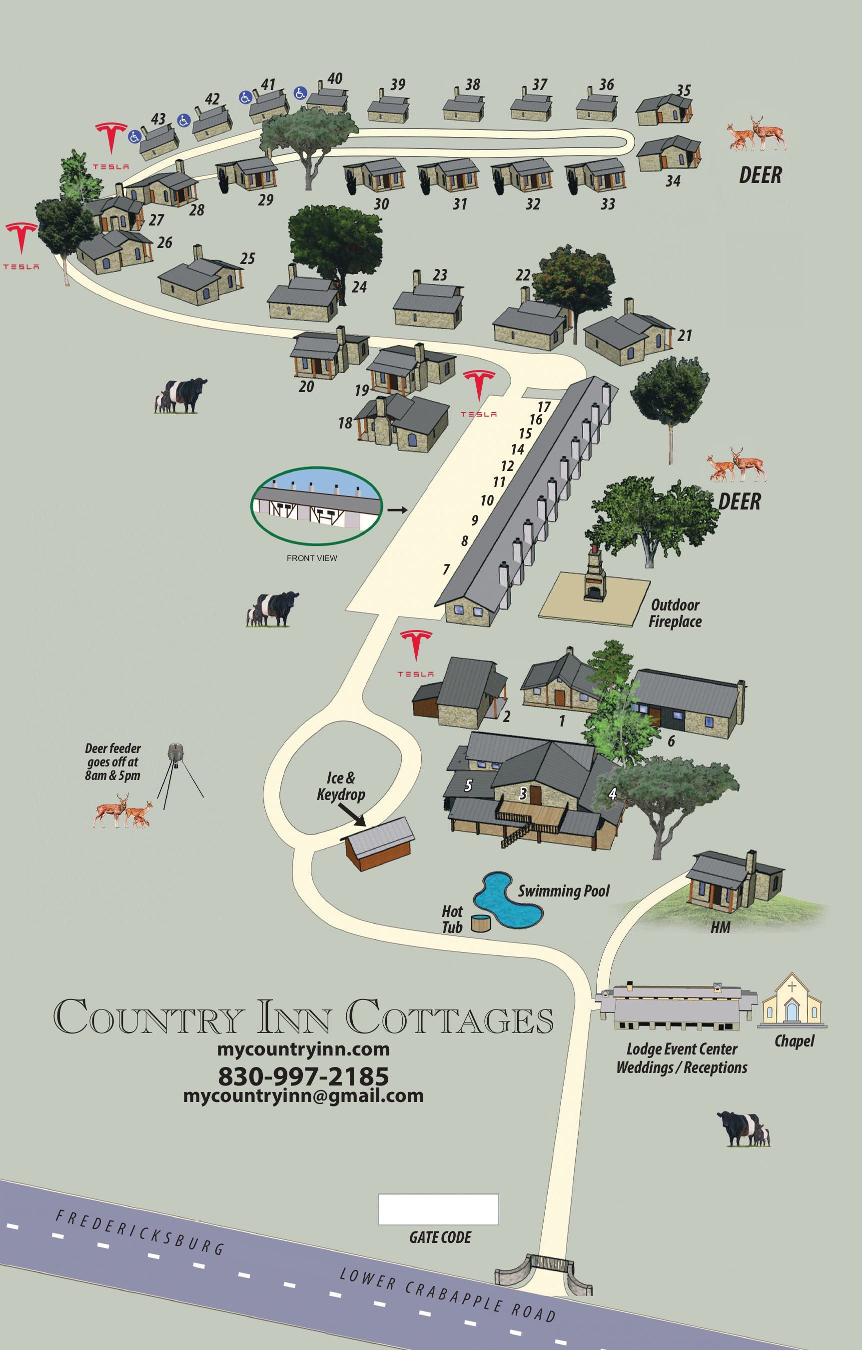 Map of Country Inn Cottages, with buildings, road, trees, and animals.