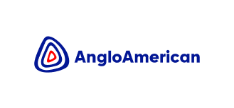 O logotipo da anglo american é azul e branco com um círculo vermelho no meio.