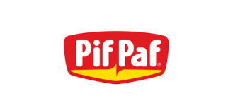 Um logotipo pif paf vermelho e amarelo em um fundo branco