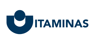 O logotipo da vitaminas é azul e branco em um fundo branco.