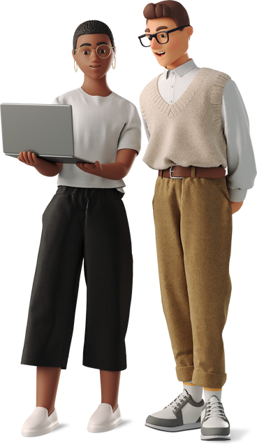 Um homem e uma mulher estão de pé, um ao lado do outro, segurando um laptop.