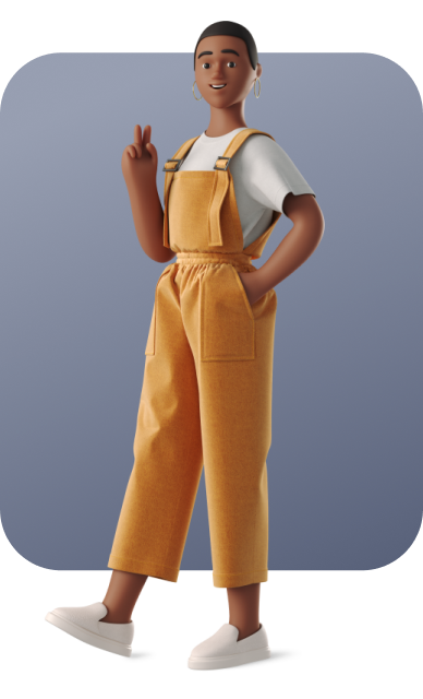 Uma mulher de macacão amarelo está fazendo um sinal de paz