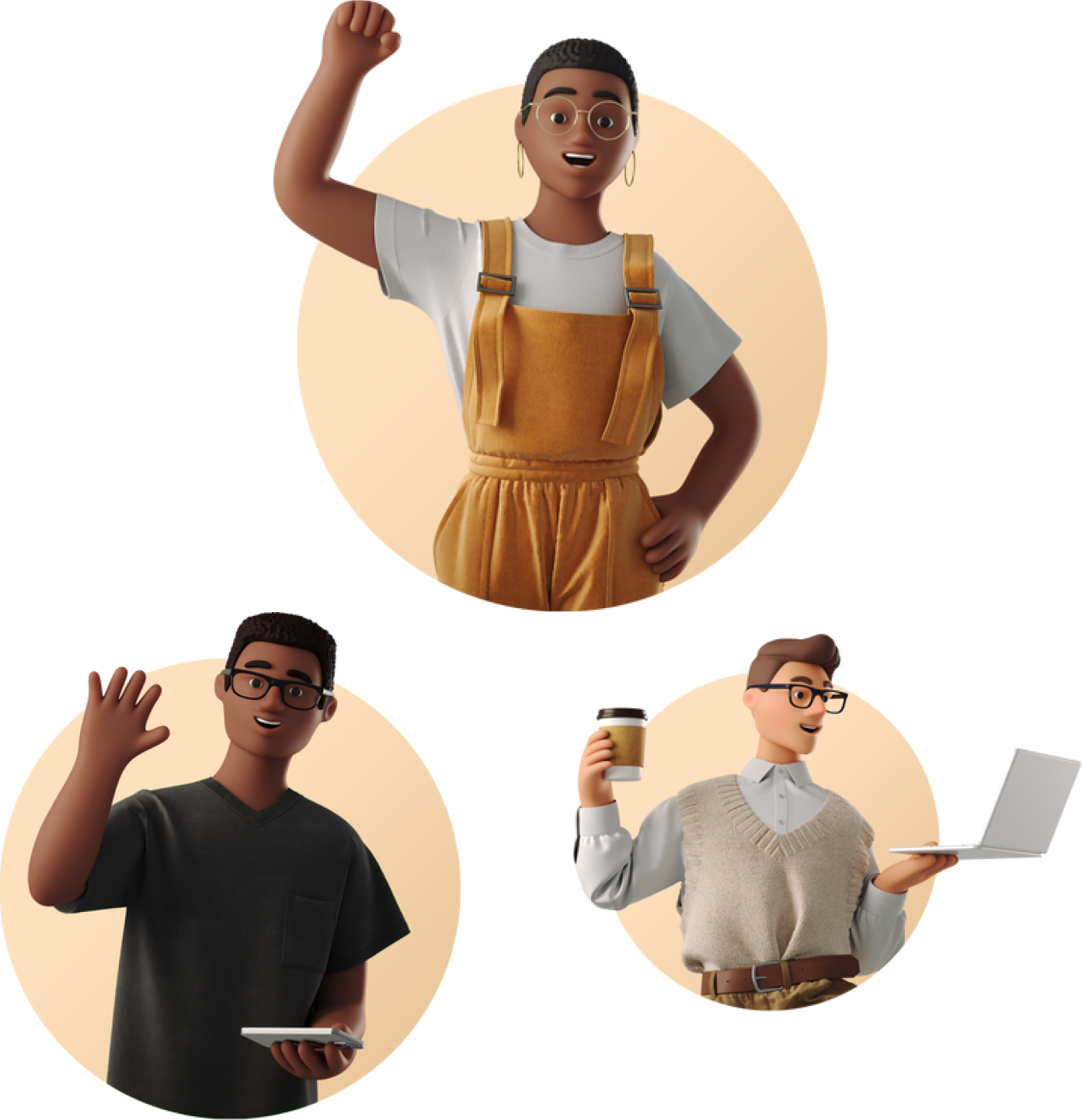 Três personagens de desenho animado estão parados um ao lado do outro em círculos representando comunidade.