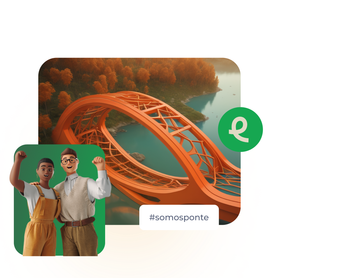 personagens Bridge e imagem ponte com logomarca Bridge e #somosponte