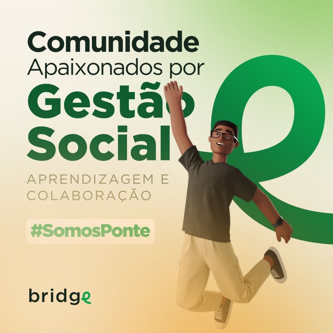 Personagem da Bridge saltando com fundo da logomarca e titulo Comunidade e hashtag Somos Ponte