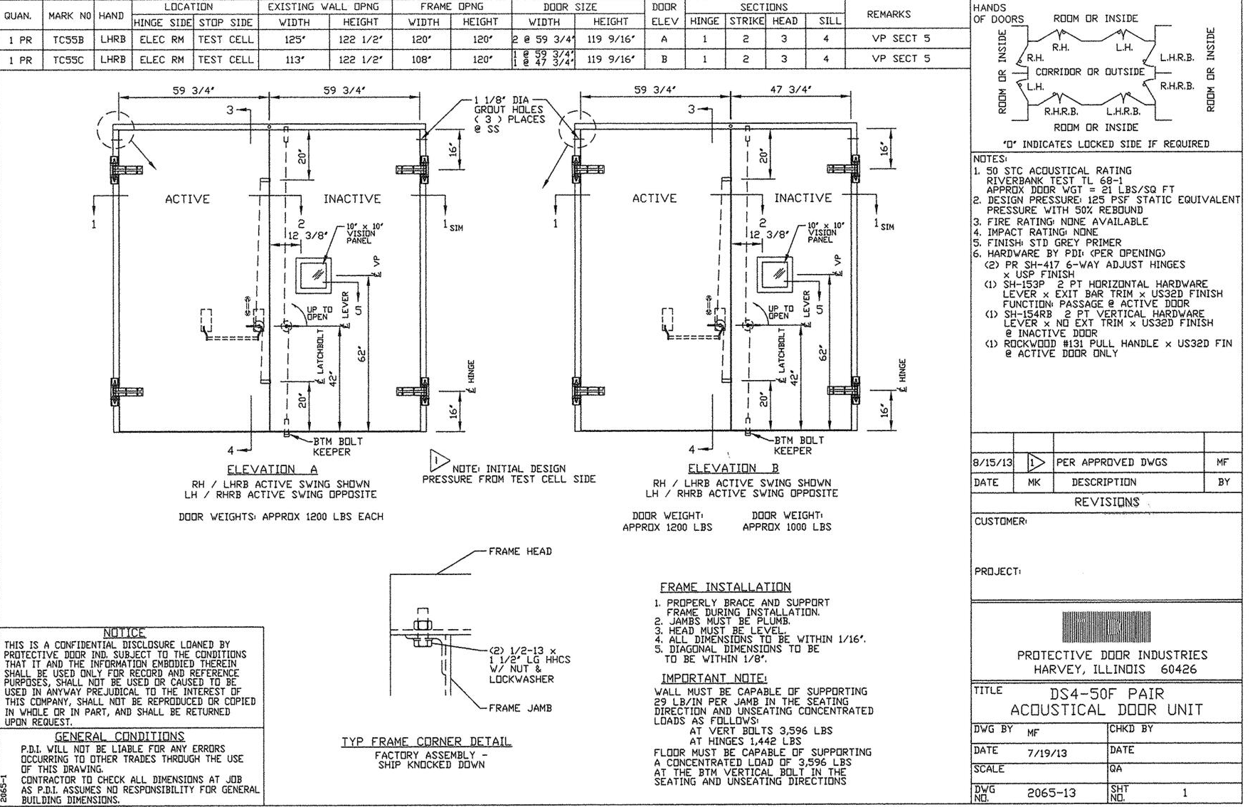 General Reference Drawing of DS4-50F Pair of Engine Test Cell Doors at Tractor / Combine Manufacturing Plant